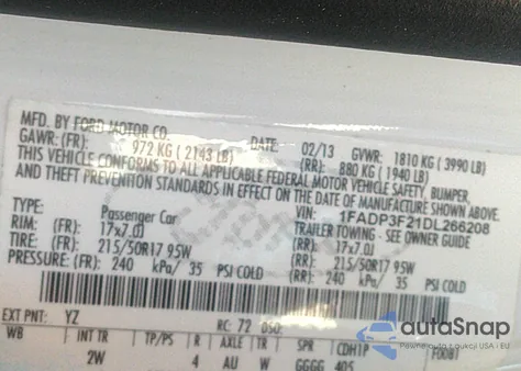 2013 Ford Focus Se from USA, damaged, VIN 1FADP3F21DL266208